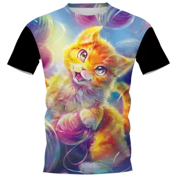 Модерен мъжки тениски HX със забавна хубав модел животно на котка, тениски с 3D-принтом, летни ризи с къс ръкав, ежедневни тениски, блузи в стил хип-хоп
