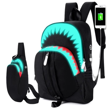 Модерен раница USB зареждане, Нощен Светещ Акула, Раница за лаптоп, Нагрудная чанта за студенти, училищни чанти за тийнейджъри, Пътна чанта