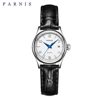 Модни механични часовници Parnis 26 мм в сребрист корпус, дамски часовник със сапфир стъкло, кожена каишка, женски Календар, Автоматични часовници