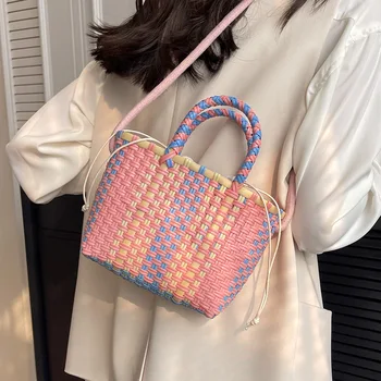 Модни тканая чанта за количка, цветен дамски чанти през рамо ръчно изработени, ежедневни летни плажни чанти, Малки портфейли-тоут 2023