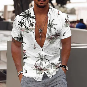 Мъжки изискана марка риза с къси ръкави, плажна риза с 3D-принтом под формата на кокосовата палма, модерен уличен топ в ретро стил, Harajuku,