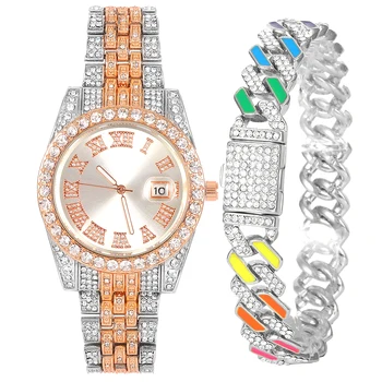 Мъжки часовник Iced Out, 8-инчов гривна-верига в стил Маями, куба гривна, мъжки часовник в стил хип-хоп, кварцови часовници, мъжки часовници с диаманти, златни часовници Montre Homme