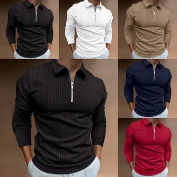 Новата риза с къси ръкави с цип райе, обикновен бизнес пуловер с дълъг ръкав, мъжки поло риза, пролетта и есента темпераментна топ
