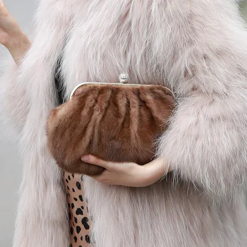 Нови дамски чанти от естествена кожа на норка, мек клатч, луксозни вечерни чанти, чанти за през рамо верига, модерен женски портфейл S8819