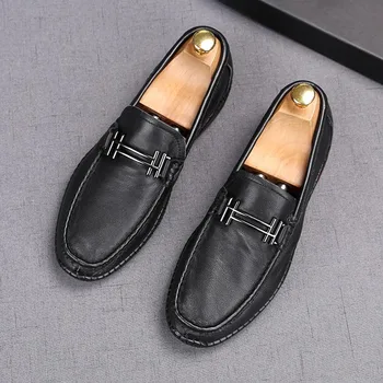 Нови мъжки удобни черни обувки за шофиране без шнур от мека кожа върху плоска подметка, официално сватбена вечерна рокля, oxfords Sapato Social Masculino