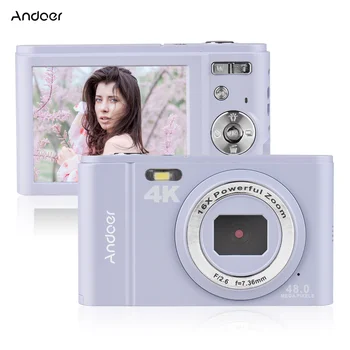 Преносима дигитална камера Andoer 48MP 4K с 2,8-инчов IPS дисплей с 16-кратно увеличение, Разпознаване на лица, Защита от разклащане, Батерии, Каишка за носене, Чанта за носене