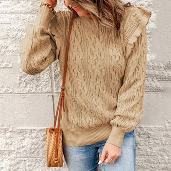 Пуловер женски вязаный с дълъг ръкав и кръгло деколте, дамски жилетки, модерен всекидневни зимни есенен пуловер, за дрехи