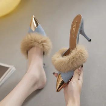 Пухкави пикантен дамски модни кожени сватбени женски обувки 2023 г. Нови велурени чехли на висок ток с остър пръсти Mujer