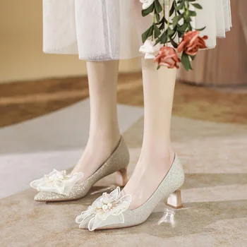 Размер 34-43 Сватбени обувки с остри пръсти в масивна ток, сватбени обувки-лодка с остри пръсти, Новост 2023 година, обувки-лодка на висок ток