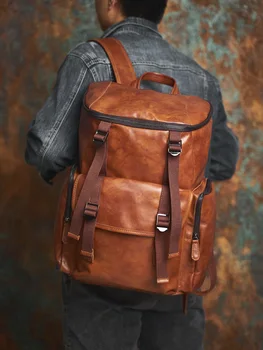 Раница от естествена кожа, мъжки раница с голям капацитет, туристическа чанта, чанта за къмпинг, пътна чанта, чанта за преносим компютър до 16 инча