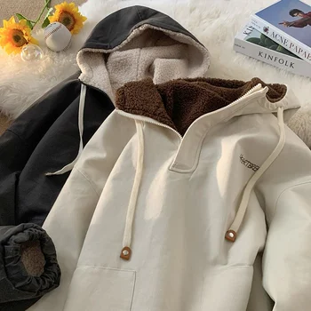 Реколта бежово яке от овча вълна, дамски зимни руното яке-карго, негабаритное топло палто с качулка