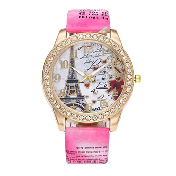 Реколта дамски часовници на Парижката мода Айфеловата кула Кръгли ръчен часовник Кожена каишка Минималистичные водоустойчив часовник Reloj Hombre