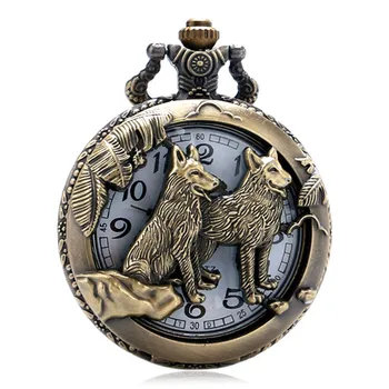 Ретро Реколта Бронзова куче Вълк Кухи кварцови часовници джобни-ключодържател с верига-огърлица, страхотни часовници с окачване, подарък за мъже