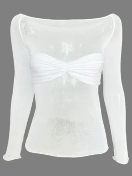 Секси марля тениски с дълъг ръкав, дамски тънък однотонная универсална тениска 2023, пролетни дамски модни блузи с открити рамене