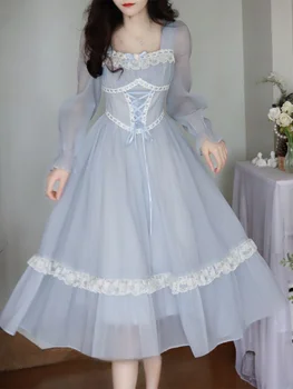 Синята фея, Уважаеми темпераментное рокля, секси рокля с кавайным лък, реколта елегантни рокли дантела с дълги ръкави, пролет 2023
