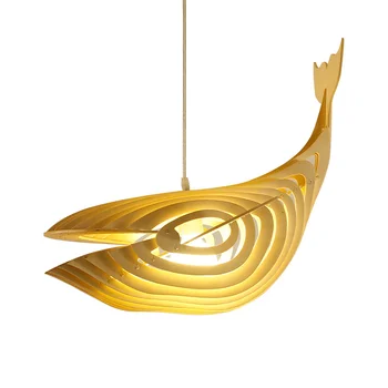 Съвременен японски стил, модел кит, дървени форма на риба, led окачен лампа E27 за бар-ресторант