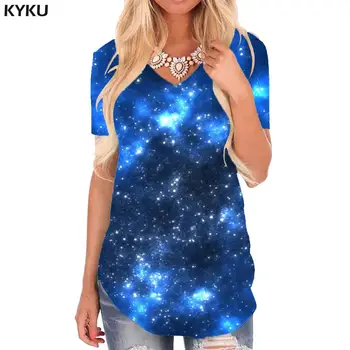Тениска KYKU Galaxy, дамски Космическа тениска с V-образно деколте, Забавни тениски Universe, Тъмно-сини Тениски, 3d Дамски Дрехи в стил хип-хоп С Принтом, Нова