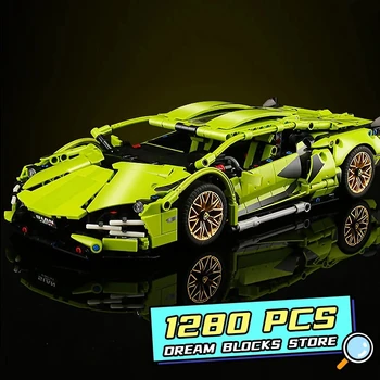 Техническа суперскоростная зелена модел на спортен автомобил, строителни блокове, известният автомобил, монтаж на тухли, детски играчки за подаръци възрастни