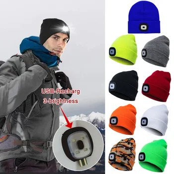 Удобна топла шапка-балаклава с led подсветка, акумулаторна чрез USB, мъжки и дамски вязаная капачка за риболов, преносима топла вълнена шапка