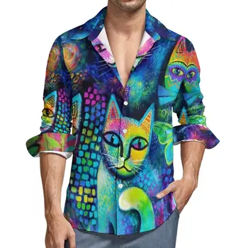Цветна риза Cat Magicats, абстрактно изкуство, ежедневни ризи с дълъг ръкав, Блузи Y2K по поръчка, пролетта на свободен топ Оверсайз